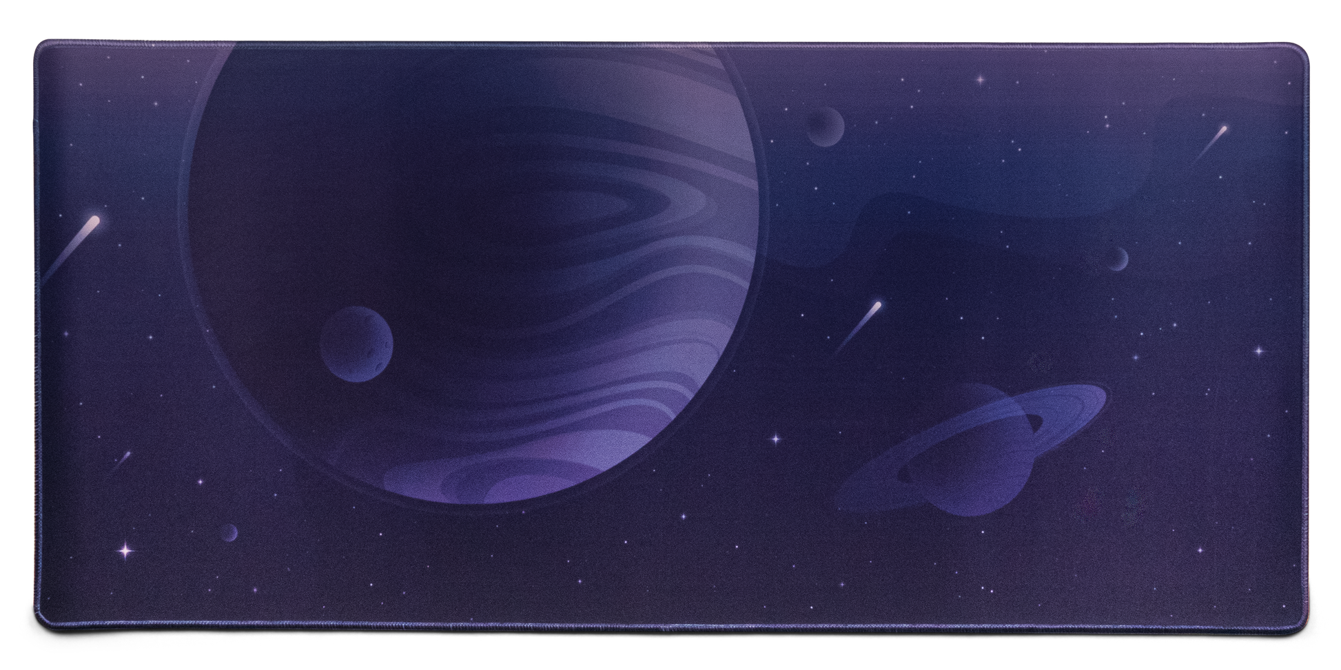 Desk mat with dark purple space scene, stars, and planets, rounded stitched edges