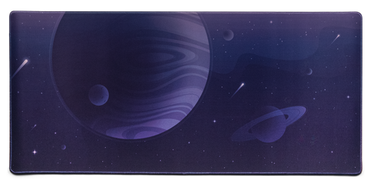 Desk mat with dark purple space scene, stars, and planets, rounded stitched edges