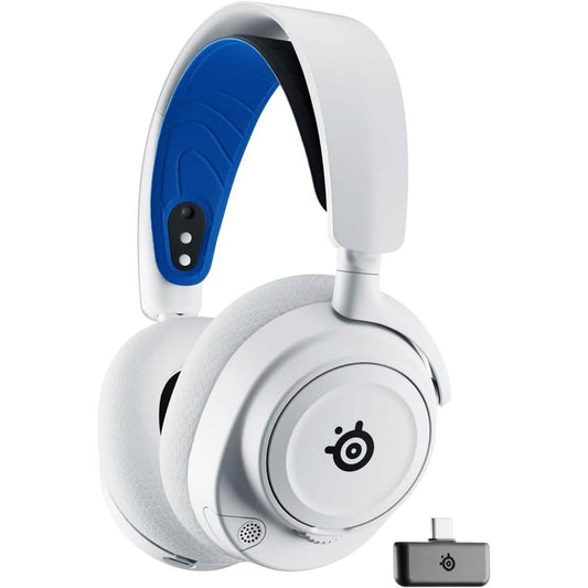 White and blue wireless gaming headset with padded over-ear cushions and headband