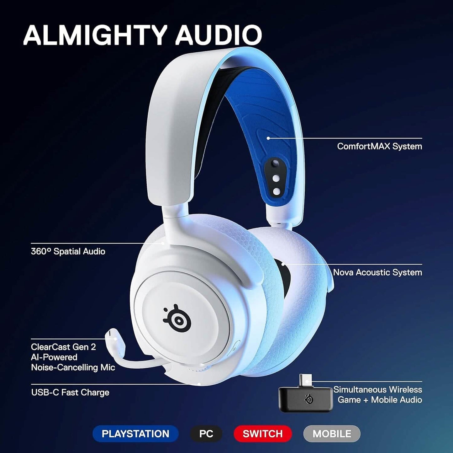 White and blue wireless gaming headset with padded earcups and center control dial