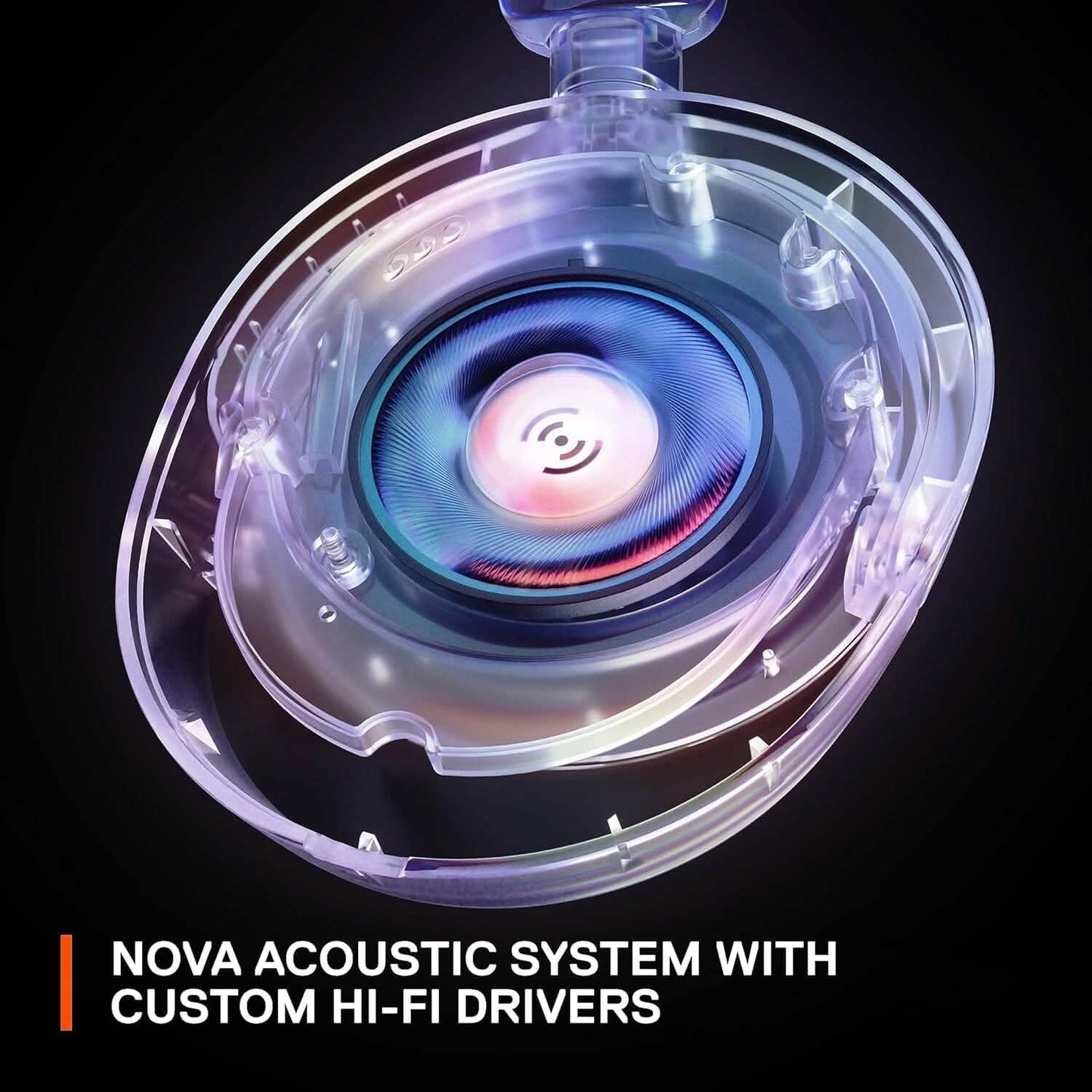 Wireless gaming headset earcup showing transparent custom hi-fi driver assembly