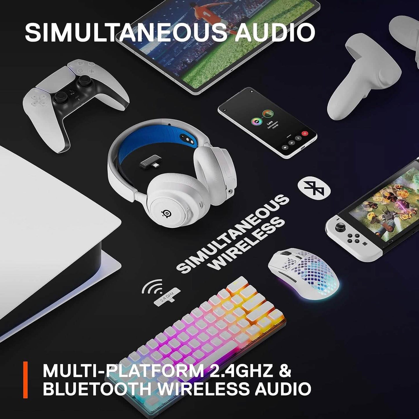 Wireless gaming headset with padded over-ear cups and blue accents, multi-device setup