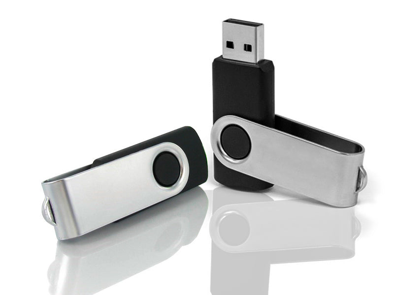 USB 2.0 flash drive with silver metal housing and black end cap