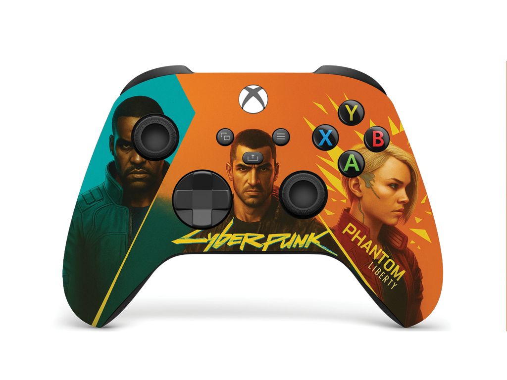 Xbox Series X/S controller with Cyberpunk art and characters on the front faceplate
