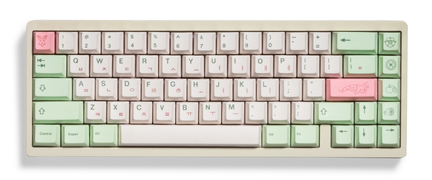 Pastel keycaps on a keyboard, mint and pink accents with white legends and icons.