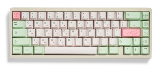 Pastel keycaps on a keyboard, mint and pink accents with white legends and icons.