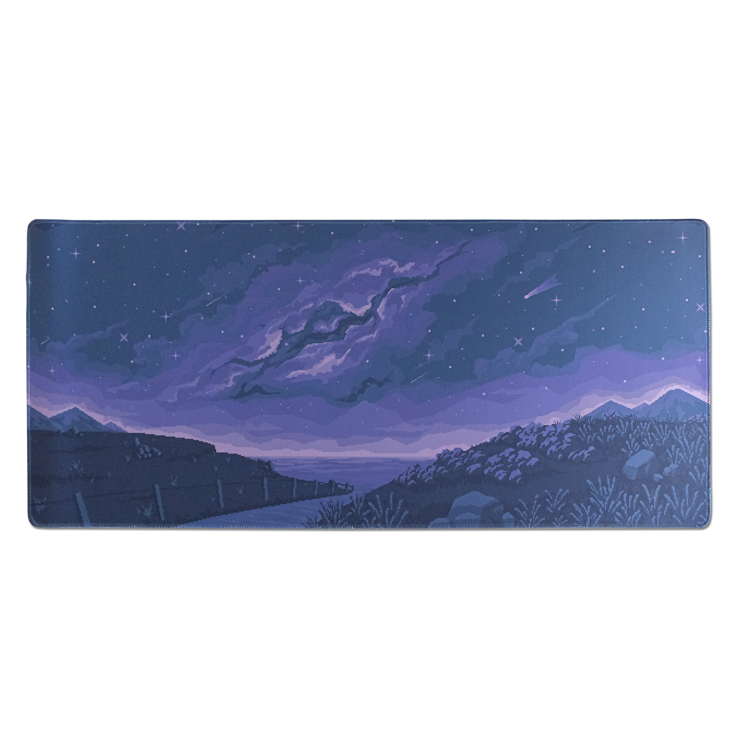 Rectangular purple desk mat with night-sky landscape and small star accents