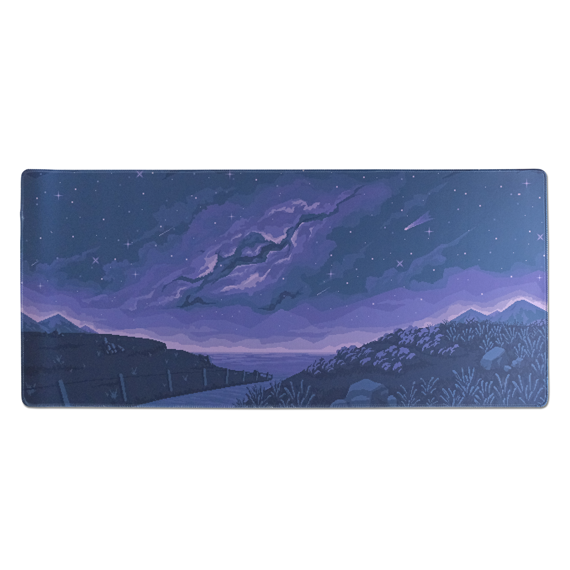 Rectangular purple desk mat with night-sky landscape and small star accents