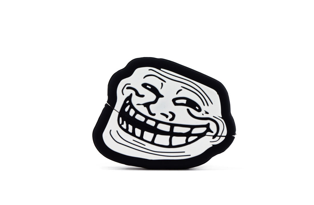 Black USB 3.1 flash drive with white troll face graphic on silicone cover