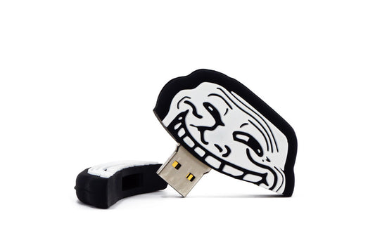 Black USB 3.1 flash drive with white troll face design and gold USB connector