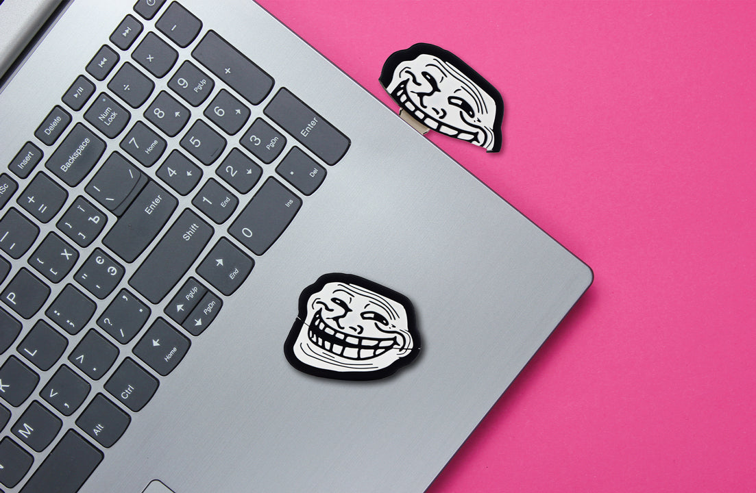 Troll face USB 3.1 flash drive with white face graphic on black silicone body