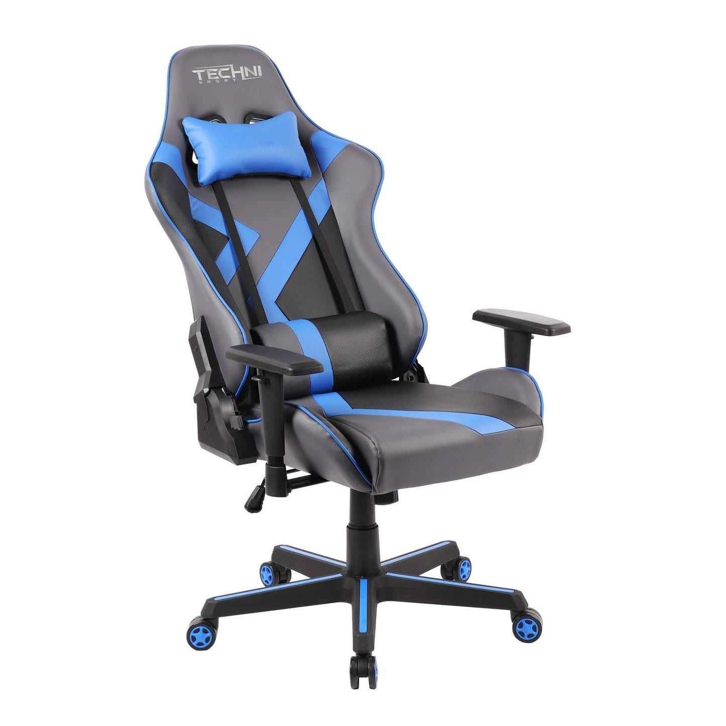 Gaming chair with blue headrest pillow, blue accent lumbar, and adjustable armrests