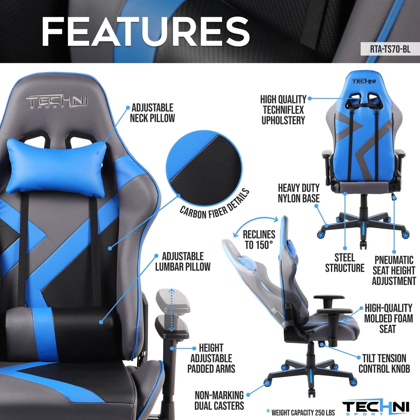 Gaming chair close-up with blue headrest pillow and black-and-blue upholstery