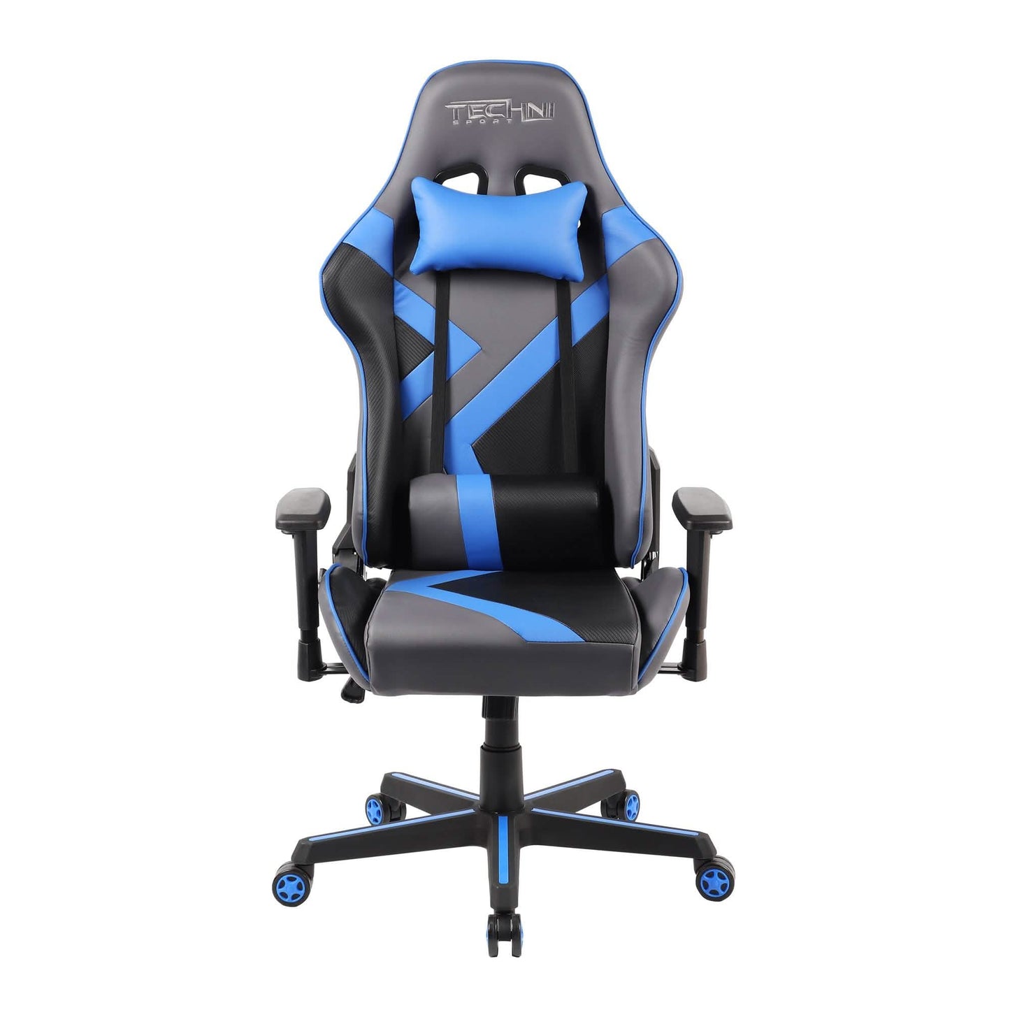 Gaming chair with blue headrest pillow, black seat, and blue geometric back detail