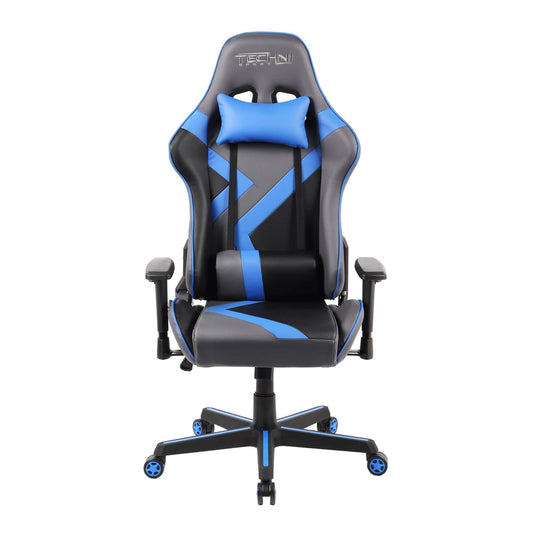 Gaming chair with blue headrest pillow, black seat, and blue geometric back detail