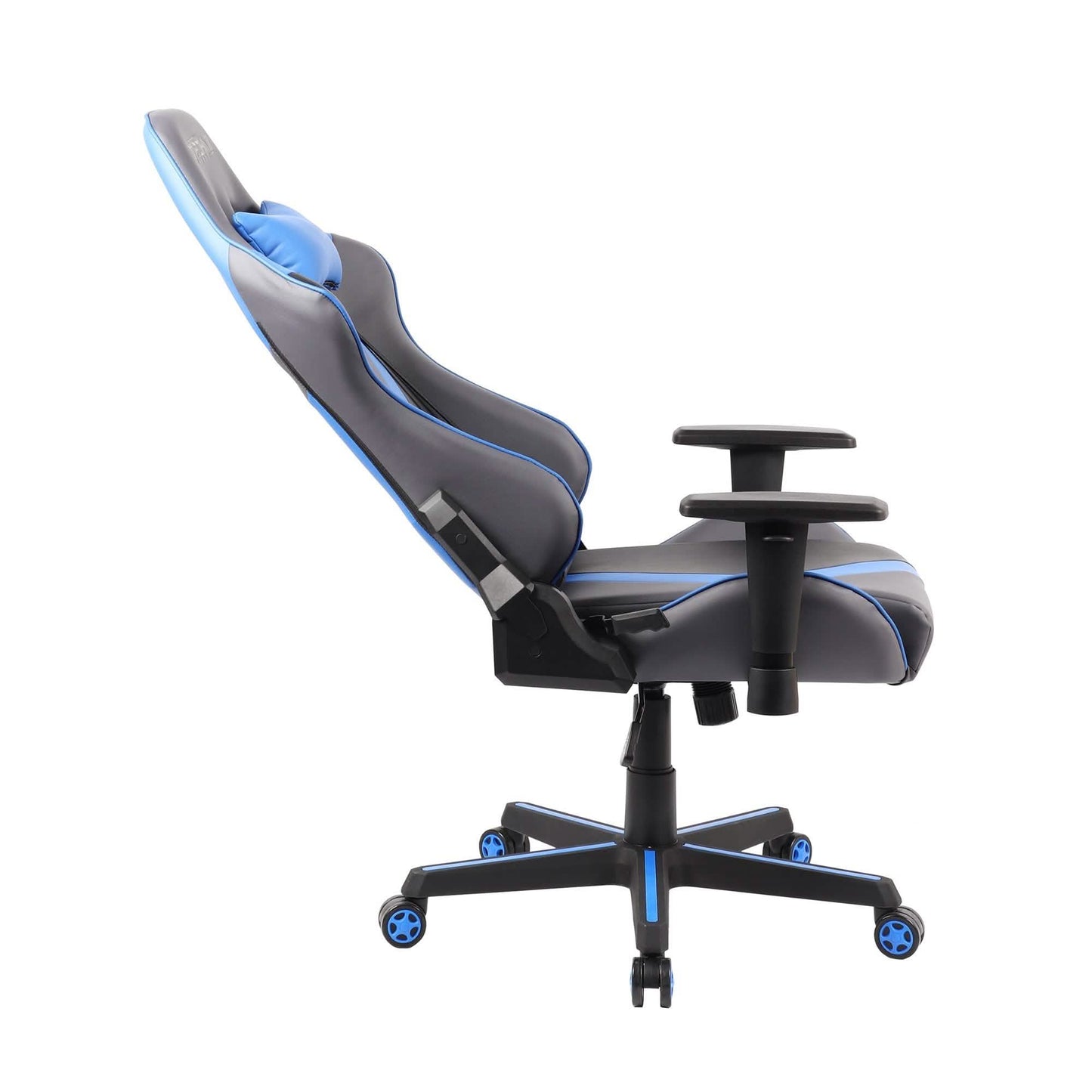 Gaming chair in side profile with black upholstery, blue trim, and dual armrests