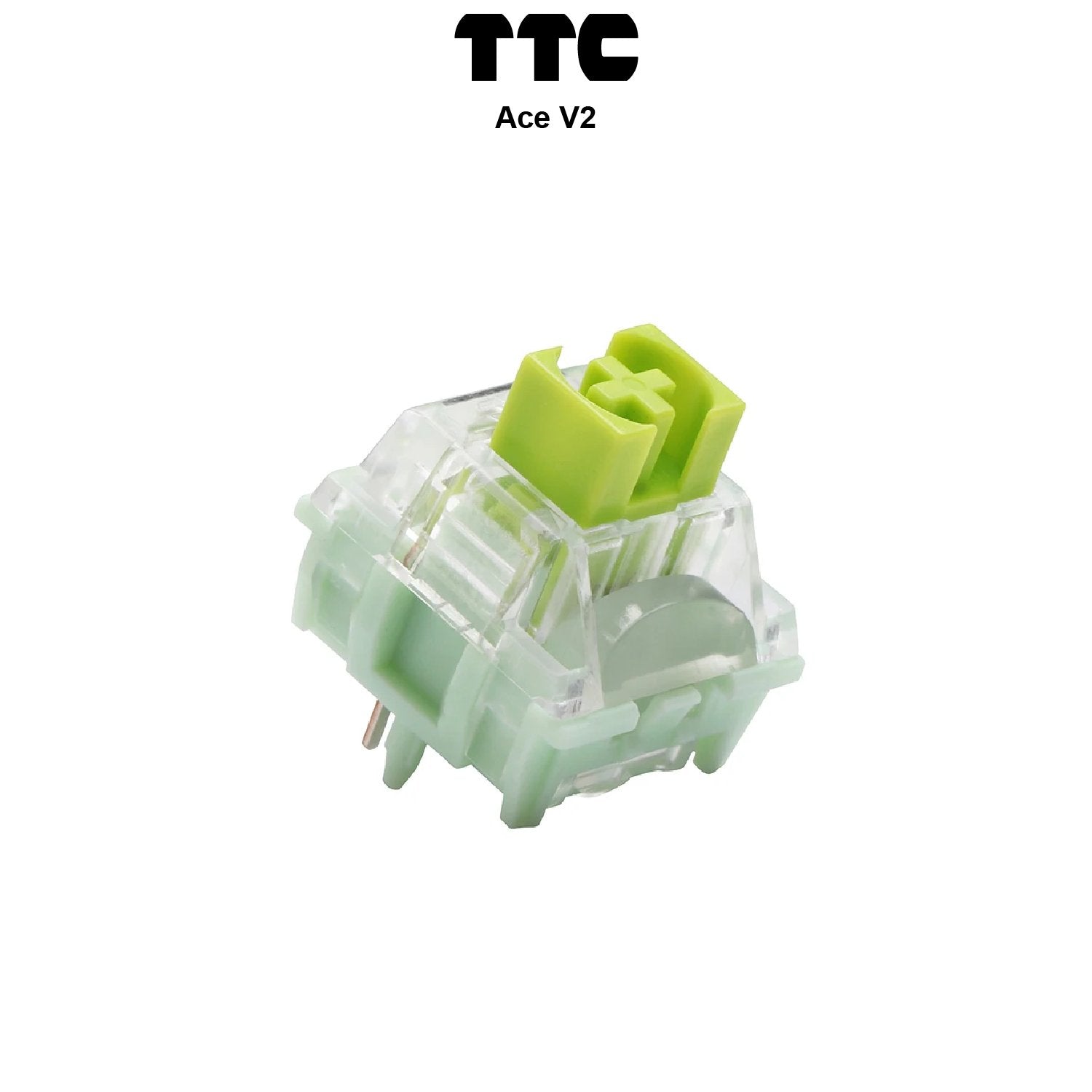 Mechanical keyboard switch with translucent housing and lime-green stem, showing pins