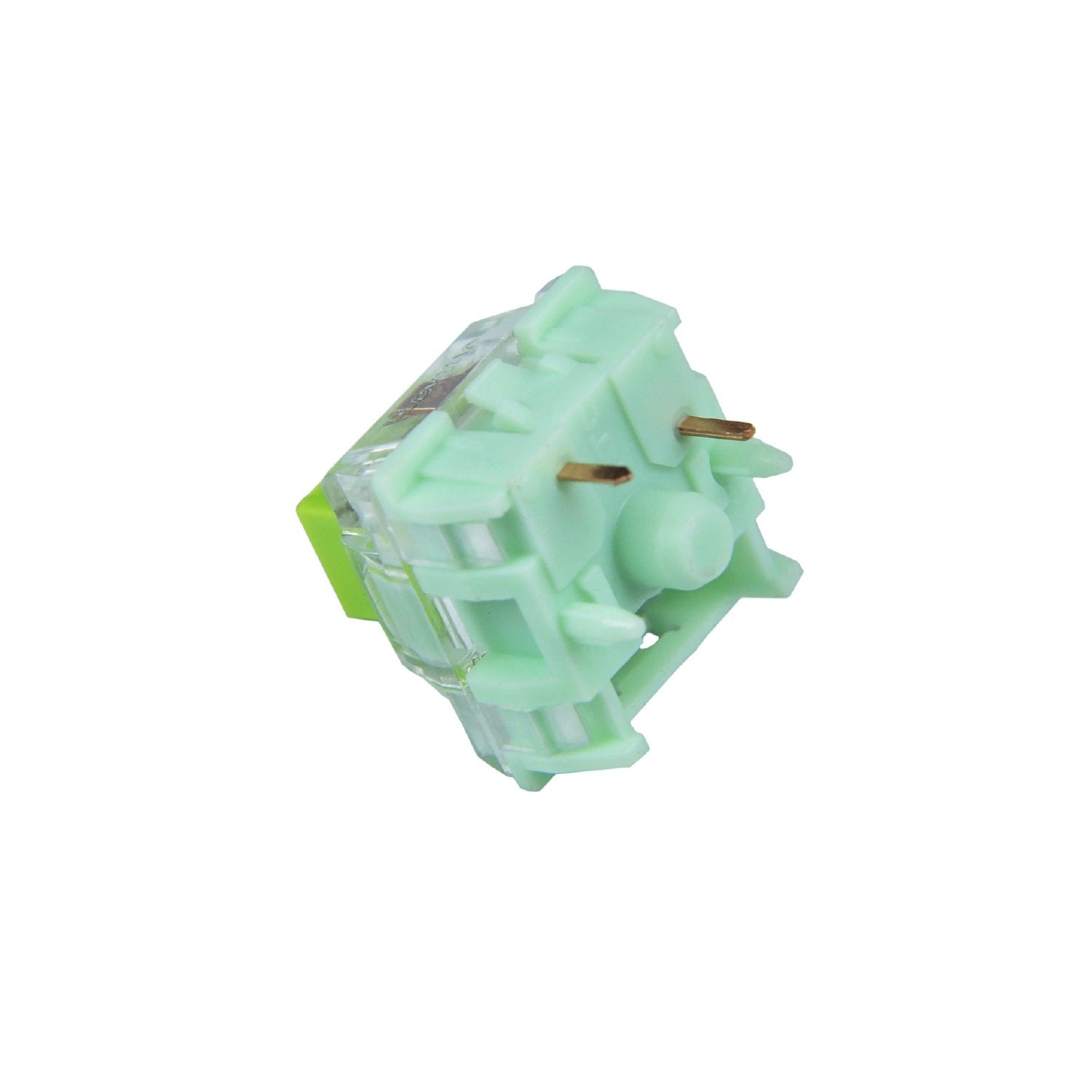 Mechanical keyboard switch, translucent body with light green stem and two visible pins