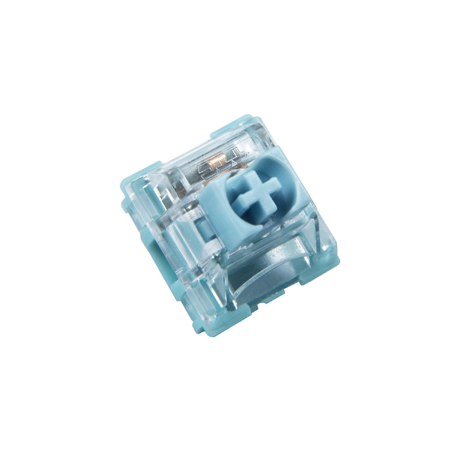 Light blue mechanical keyboard switch with clear housing and visible internal parts