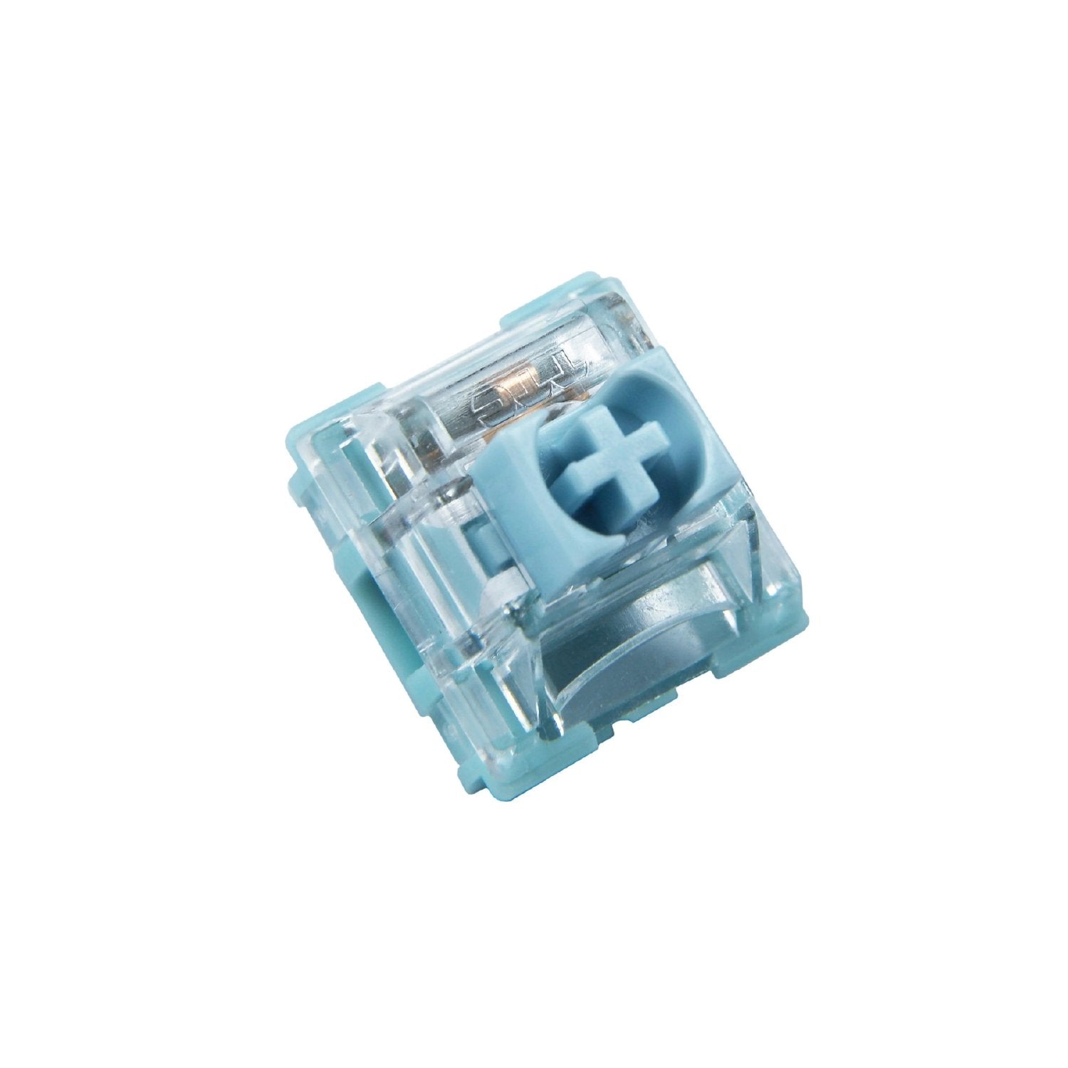 Light blue mechanical keyboard switch with clear housing and visible internal parts