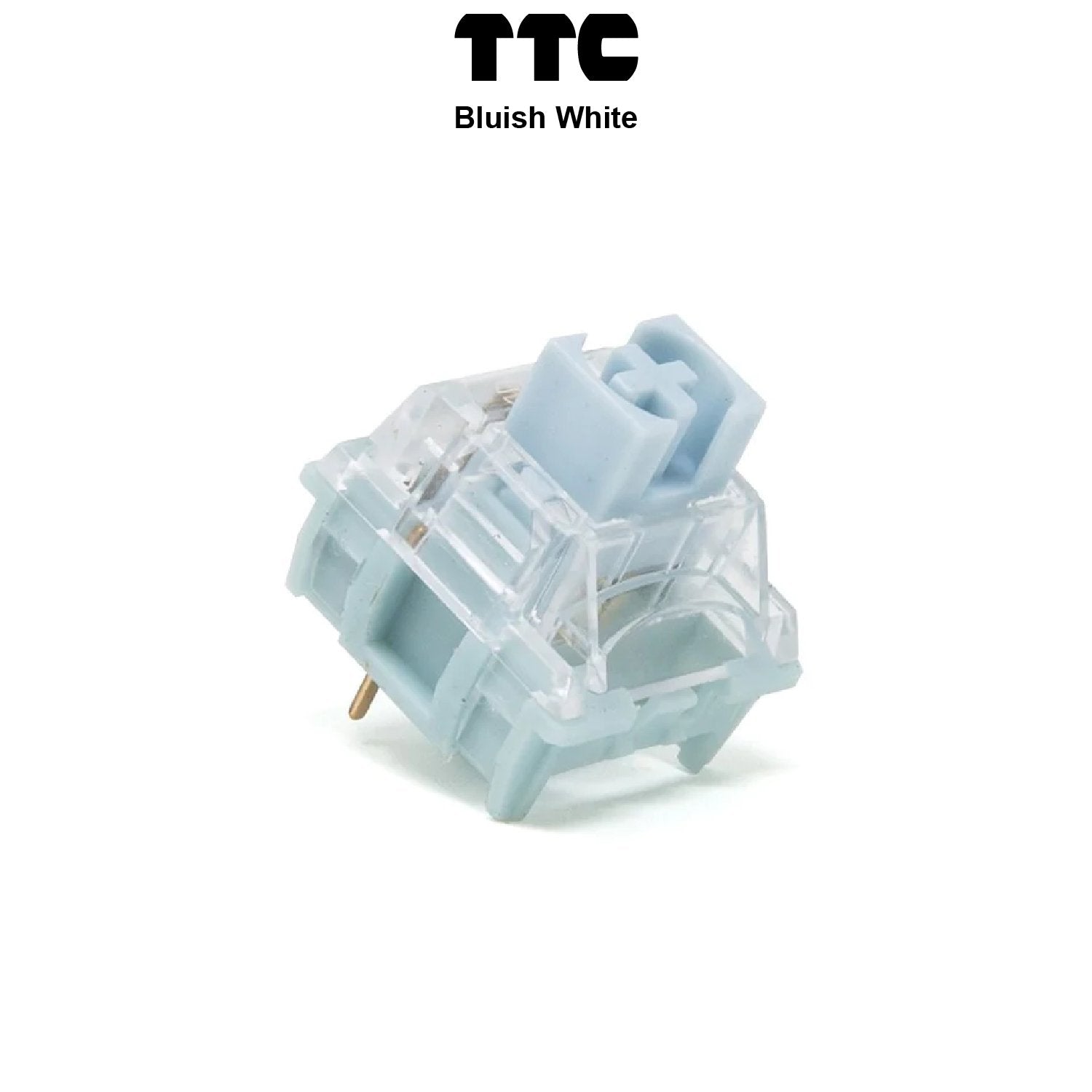 Light blue mechanical keyboard switch with transparent housing and two brass pins