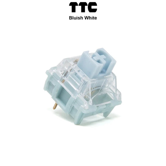 Light blue mechanical keyboard switch with transparent housing and two brass pins