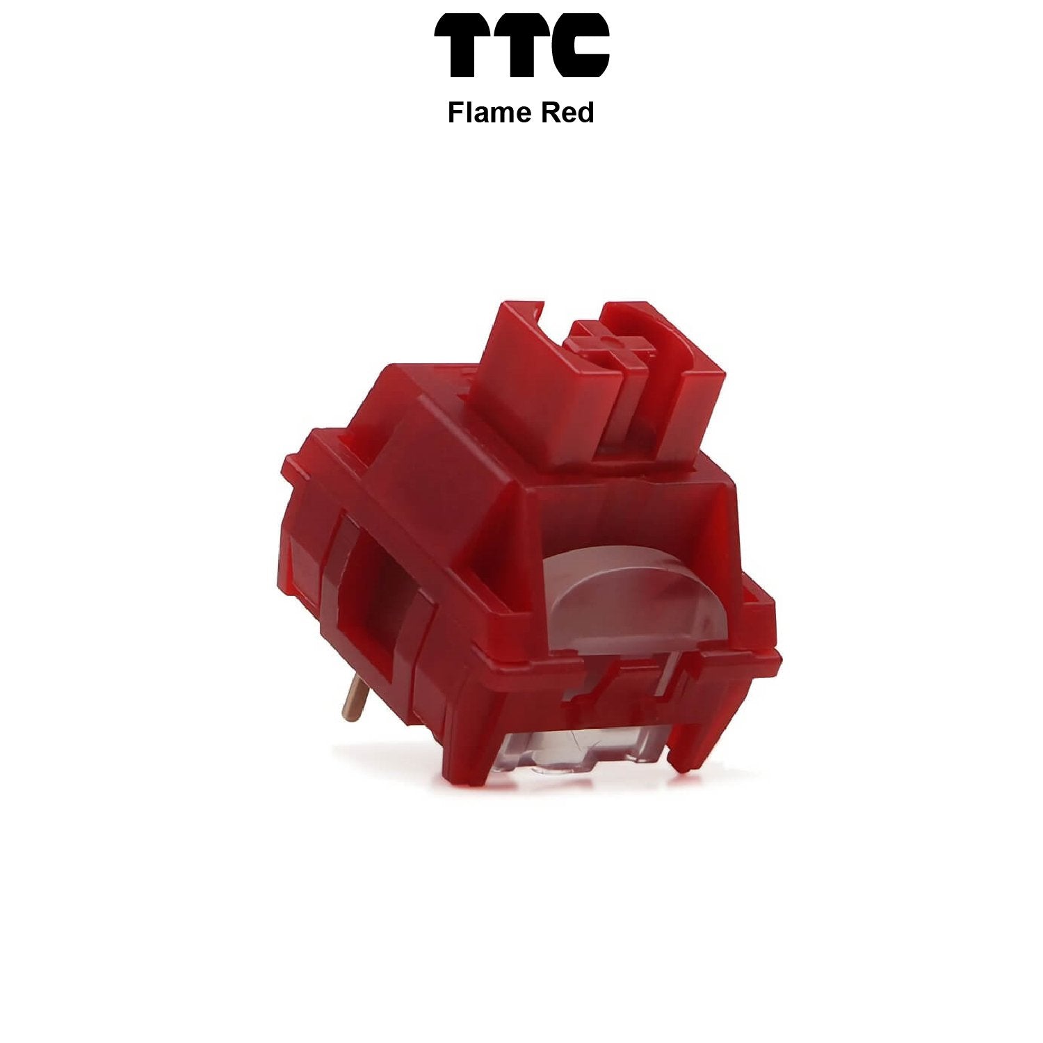 Red mechanical keyboard switch with transparent housing and visible metal pins
