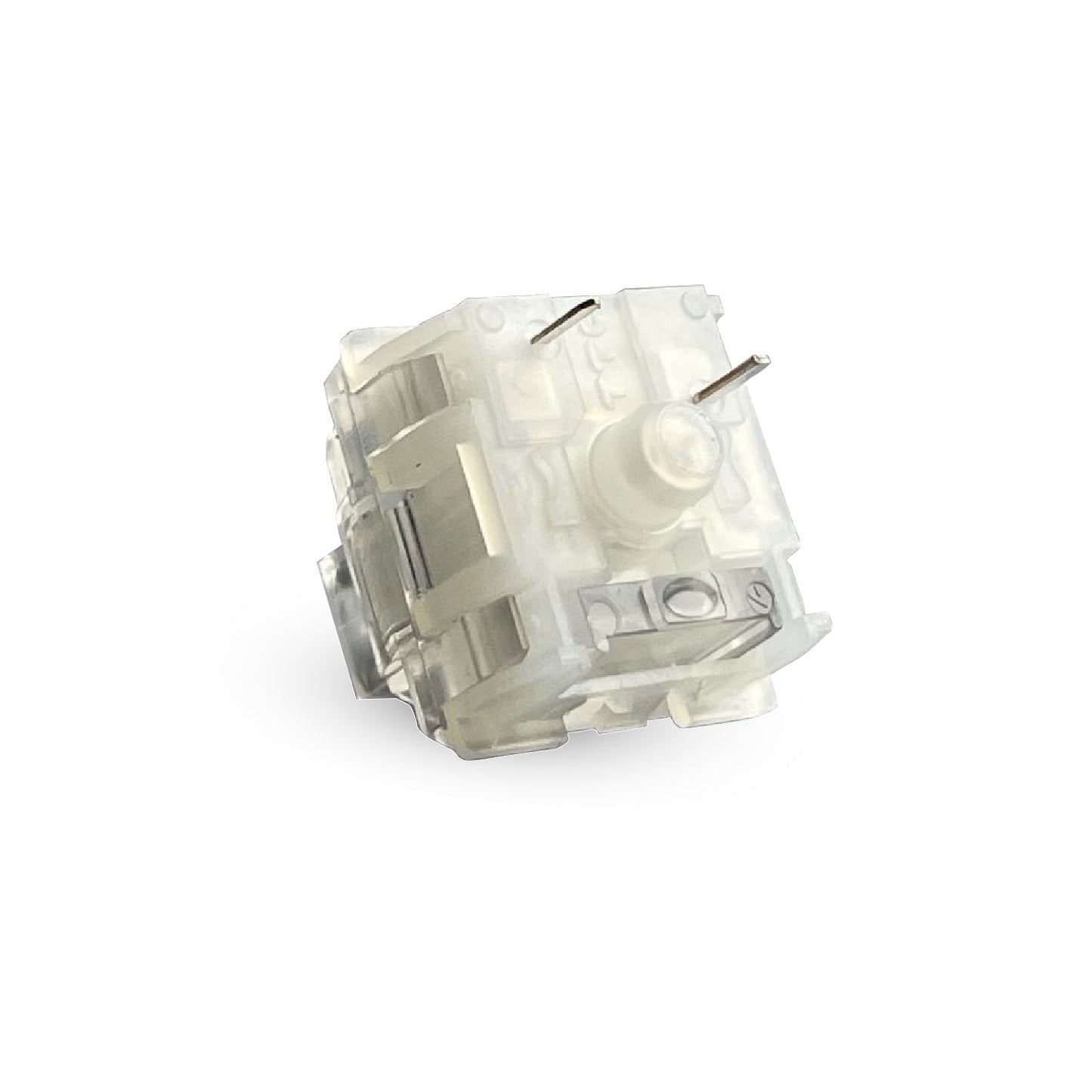 Clear keyboard switch showing internal white stem and two metal contact pins