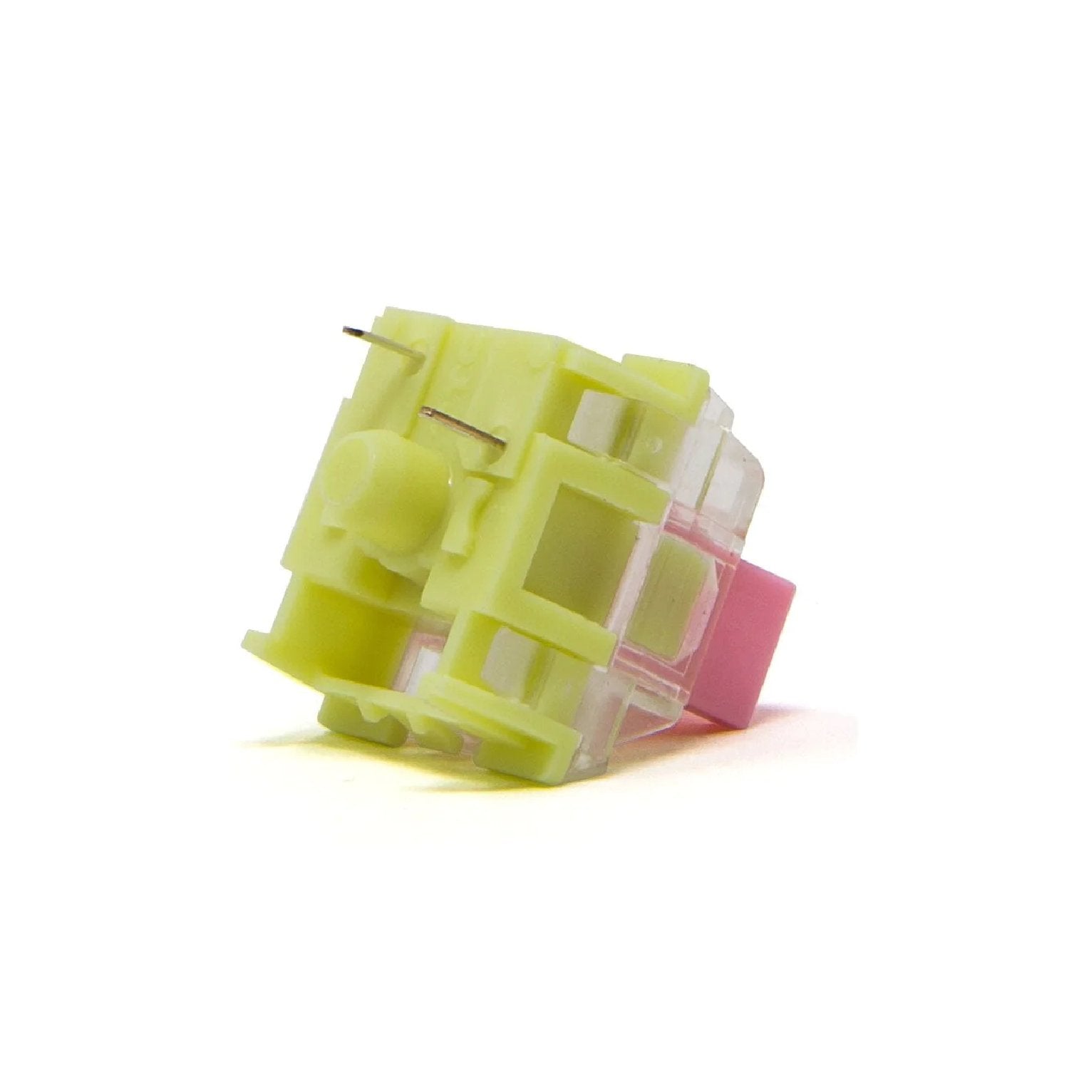 TTC Gold Pink V2 keyboard switch, translucent yellow body with pink side element, angled view