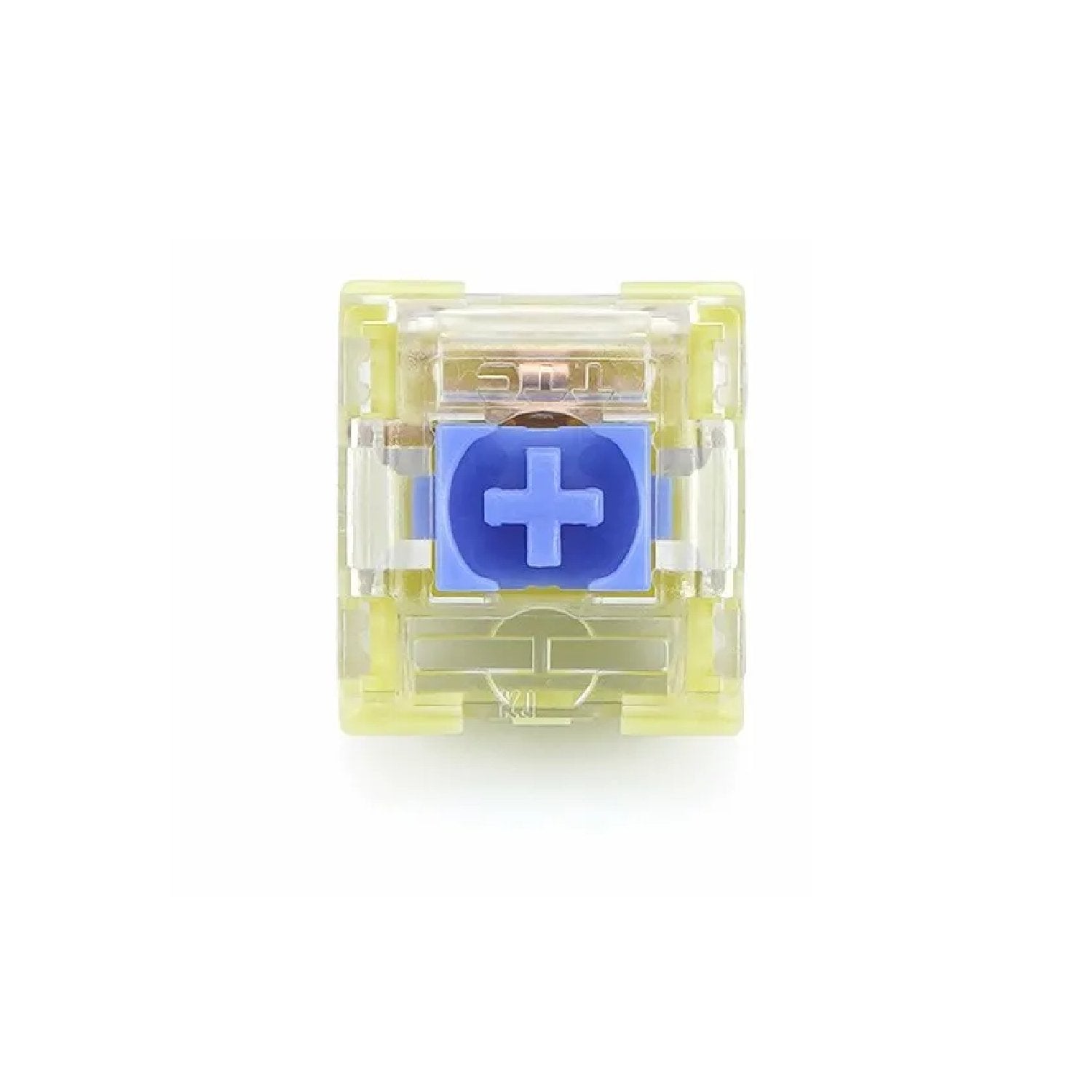 TTC mechanical keyboard switch, front view: translucent yellow case with blue plus stem