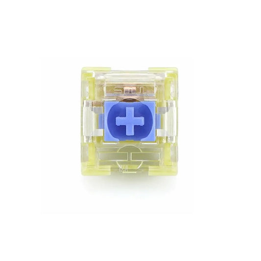 TTC mechanical keyboard switch, front view: translucent yellow case with blue plus stem