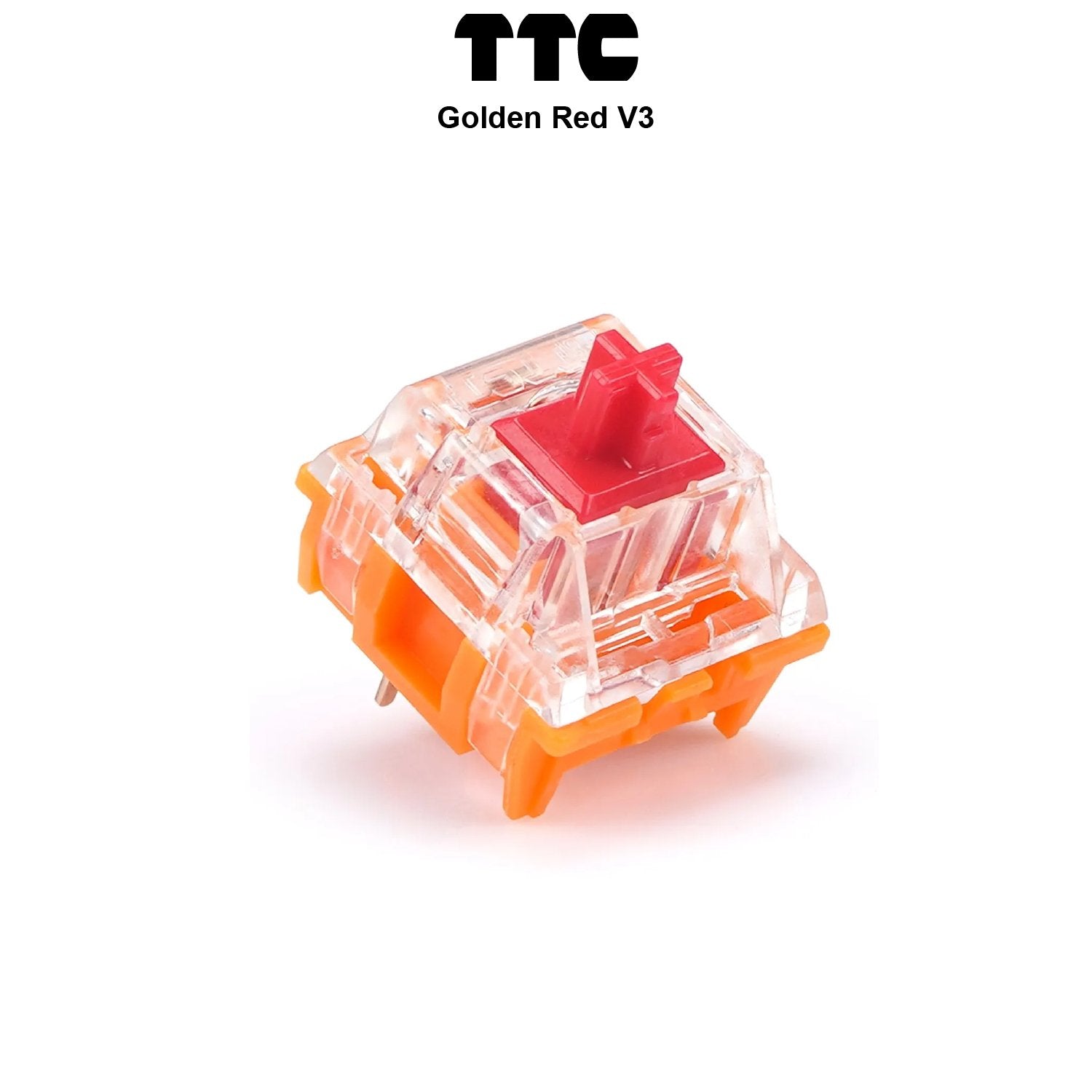 TTC mechanical keyboard switch with clear housing, orange base, and red stem