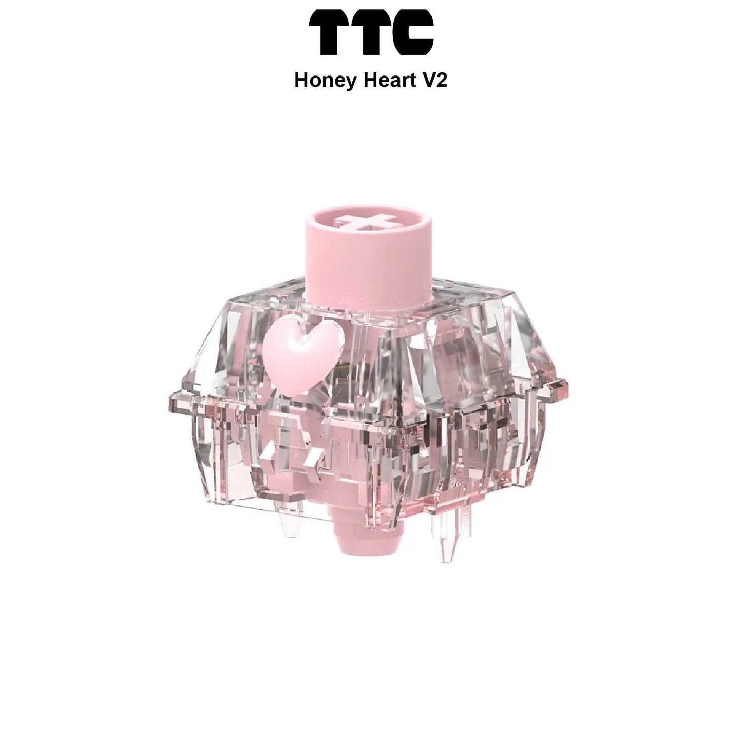 Mechanical keyboard switch with transparent pink housing and pink heart stem.