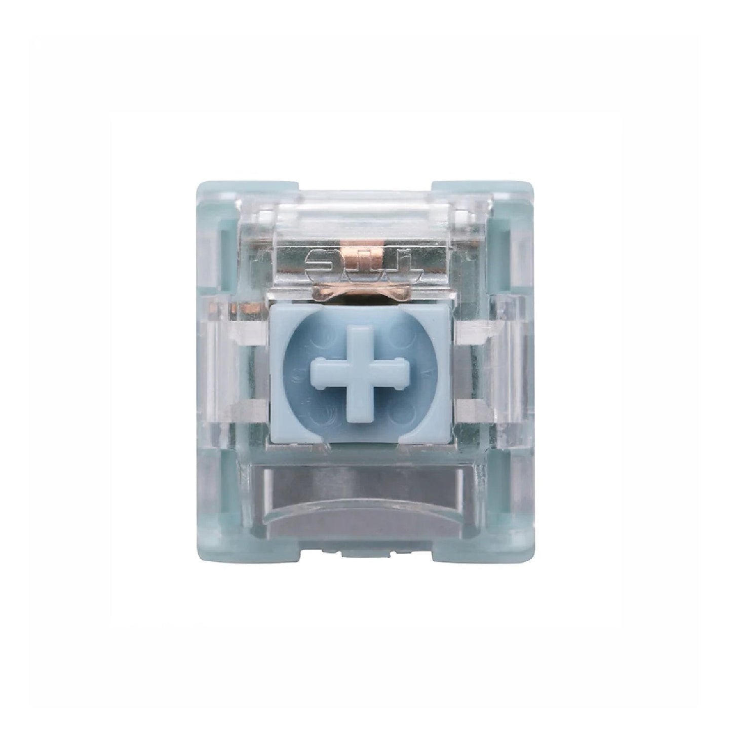Bluish white mechanical keyboard switch with clear housing and blue cross-shaped stem
