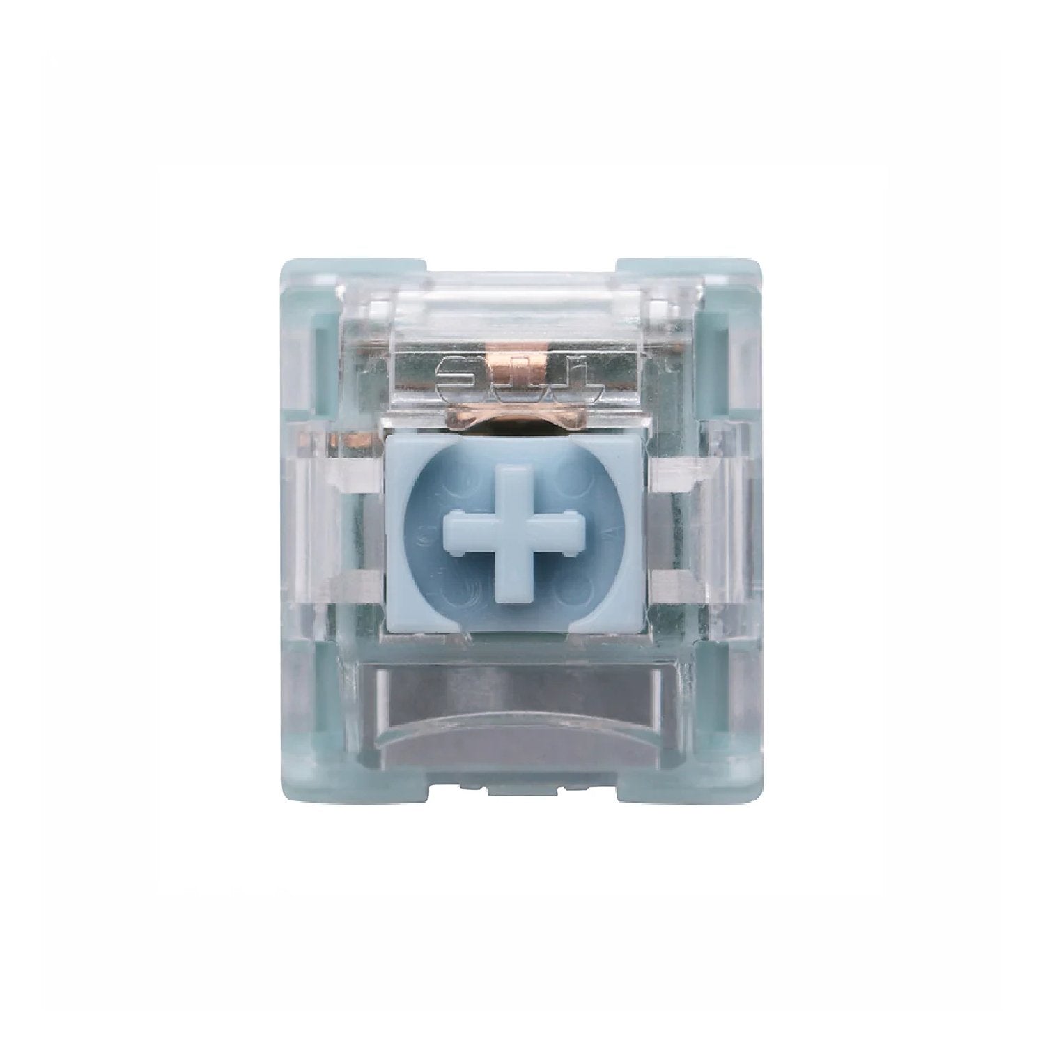 Bluish white mechanical keyboard switch with clear housing and blue cross-shaped stem