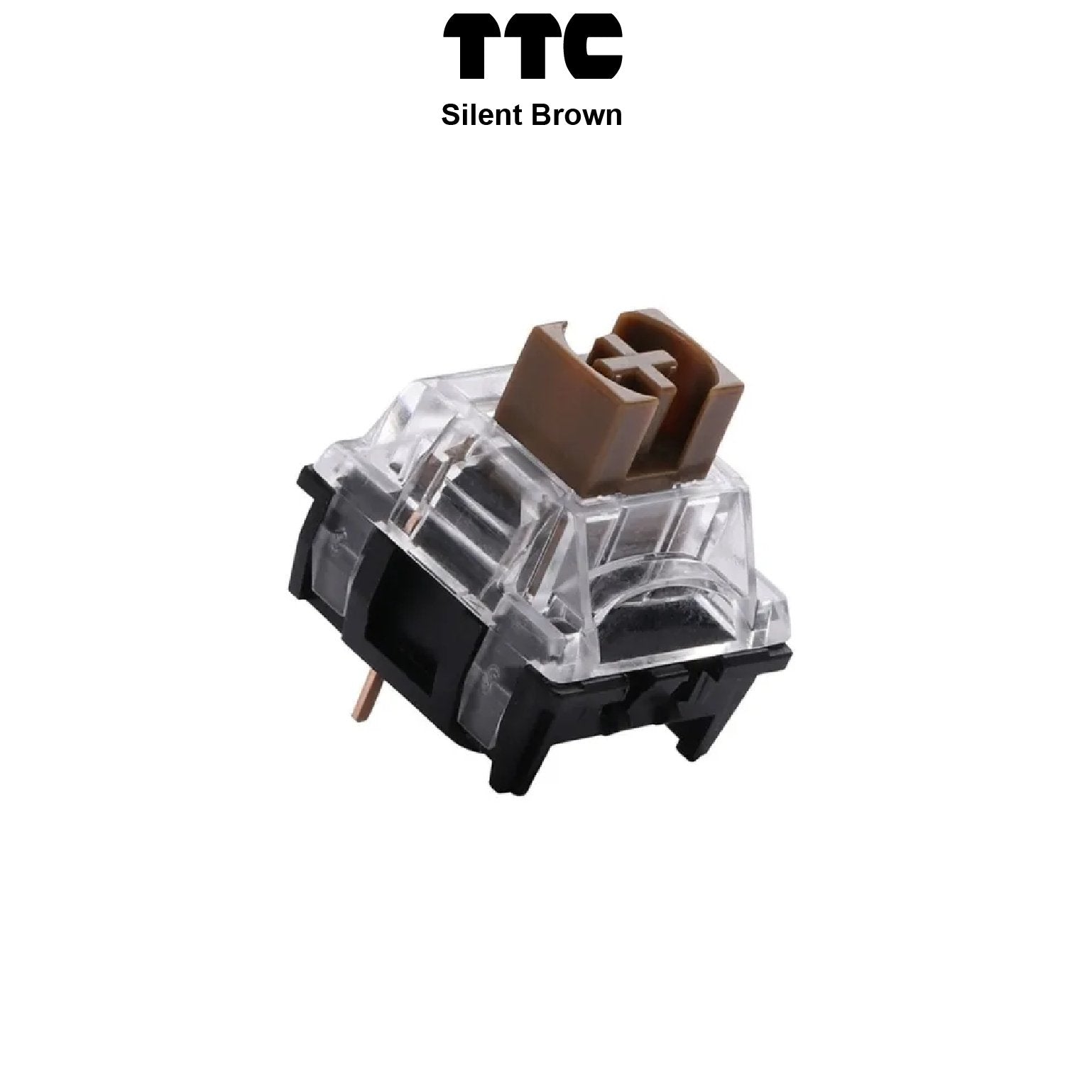 Mechanical keyboard switch with brown stem, clear housing, black base, metal pins
