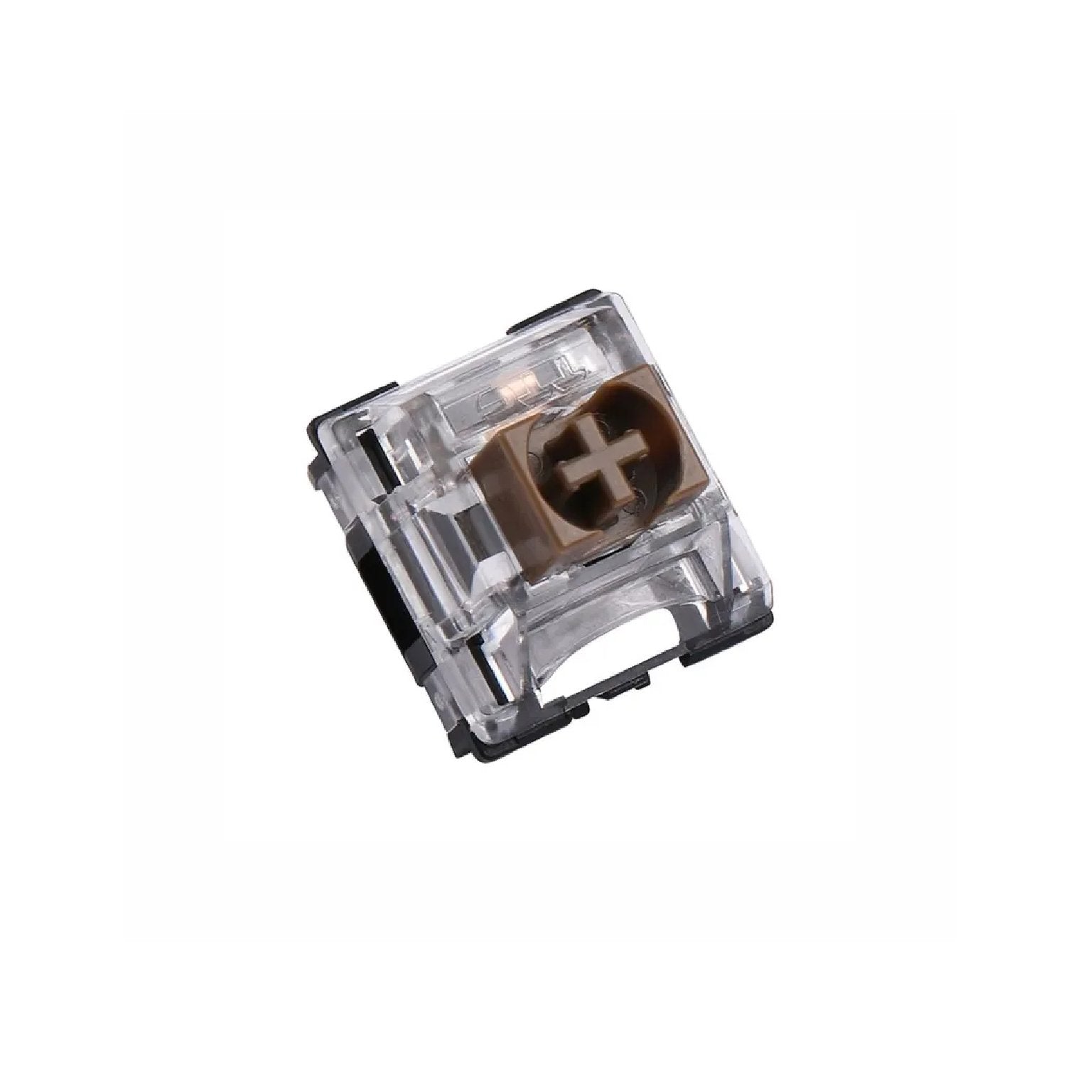 Mechanical keyboard switch, clear housing with brown stem and cross cut, black base