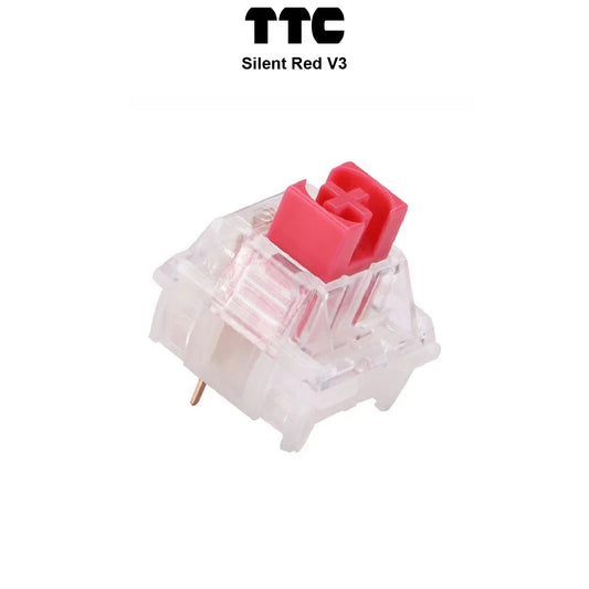 Mechanical keyboard switch with red stem and clear housing, angled view