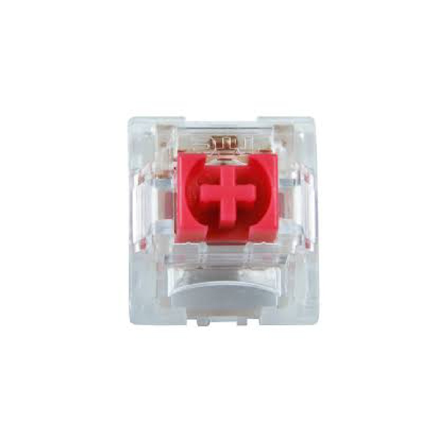 Mechanical keyboard switch with red cross stem, front view, clear body