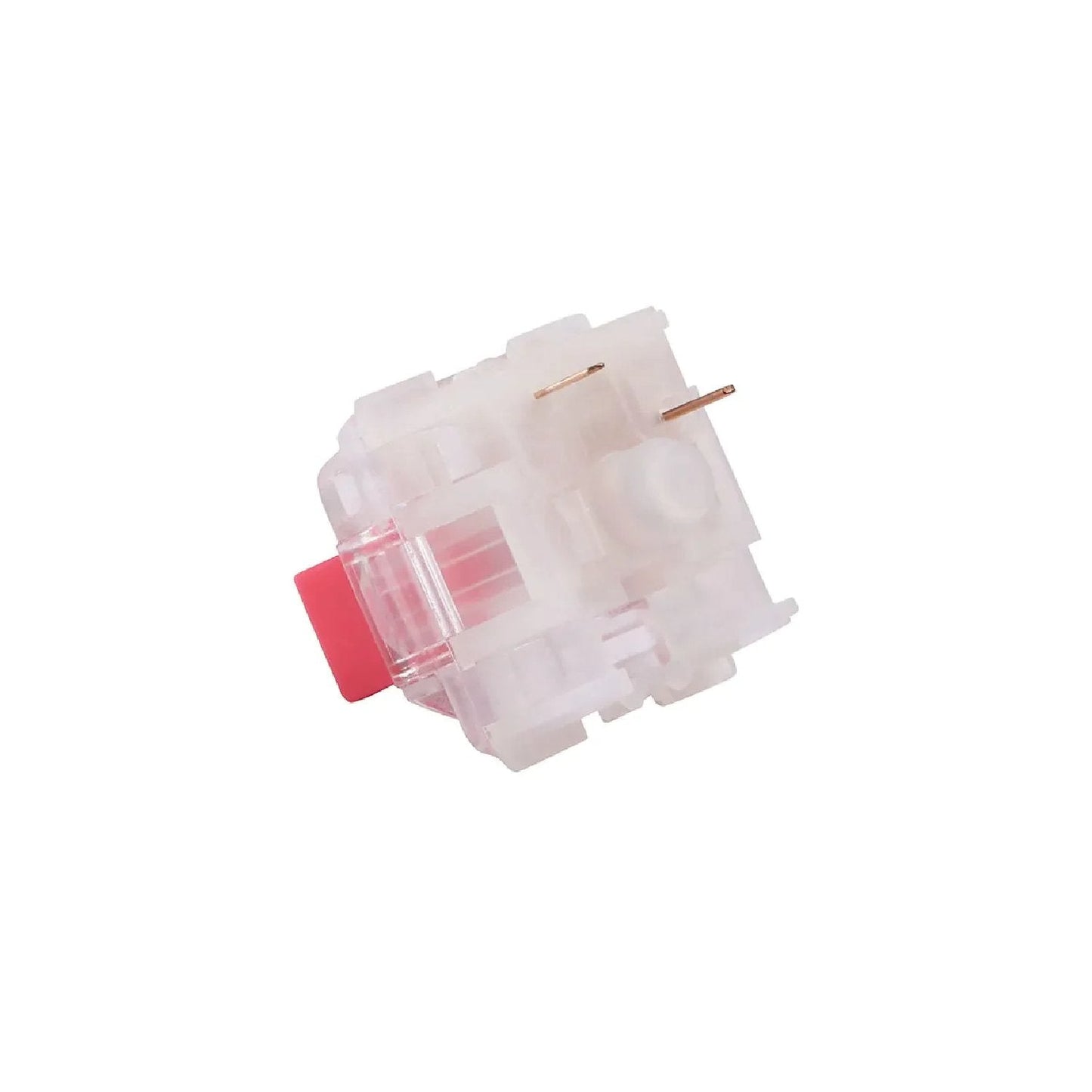 Mechanical keyboard switch with red stem and transparent base, side view