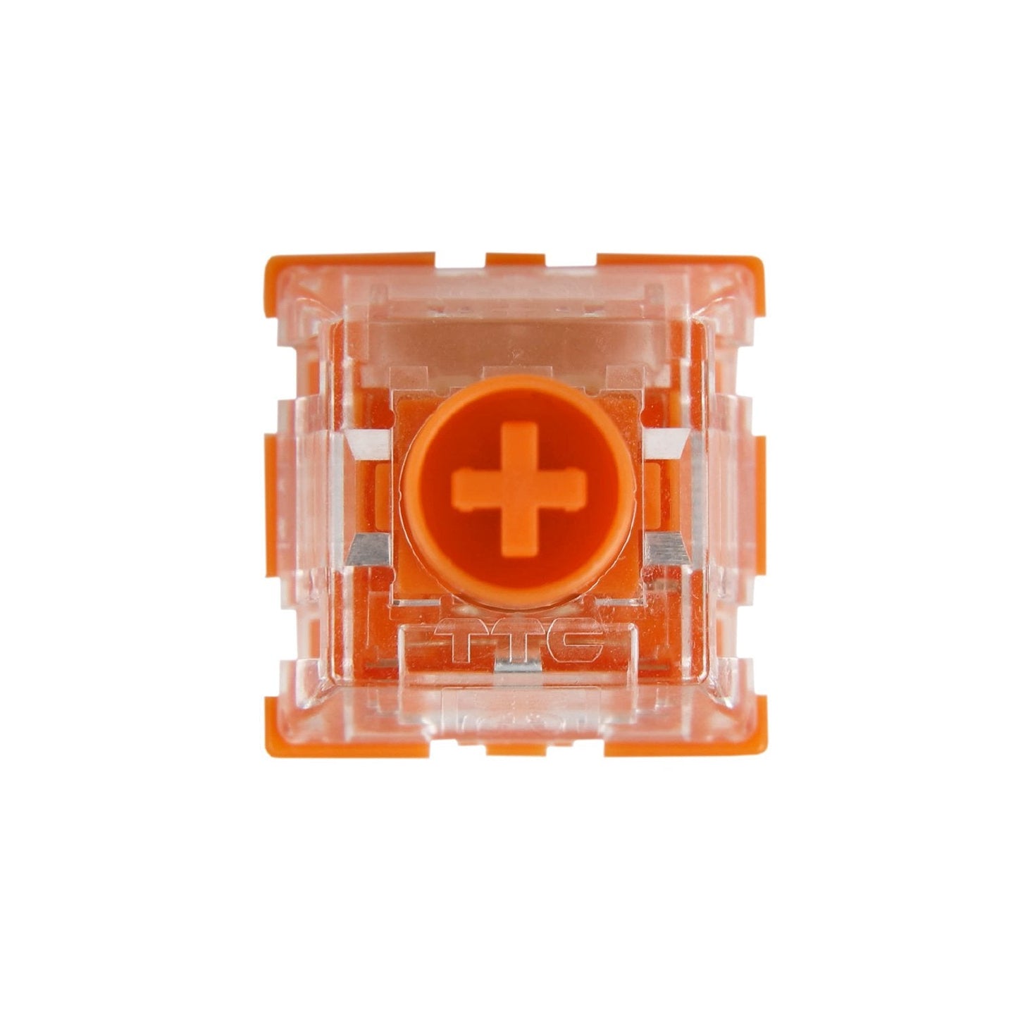 Front view of orange RGB mechanical keyboard switch with cross-shaped contact