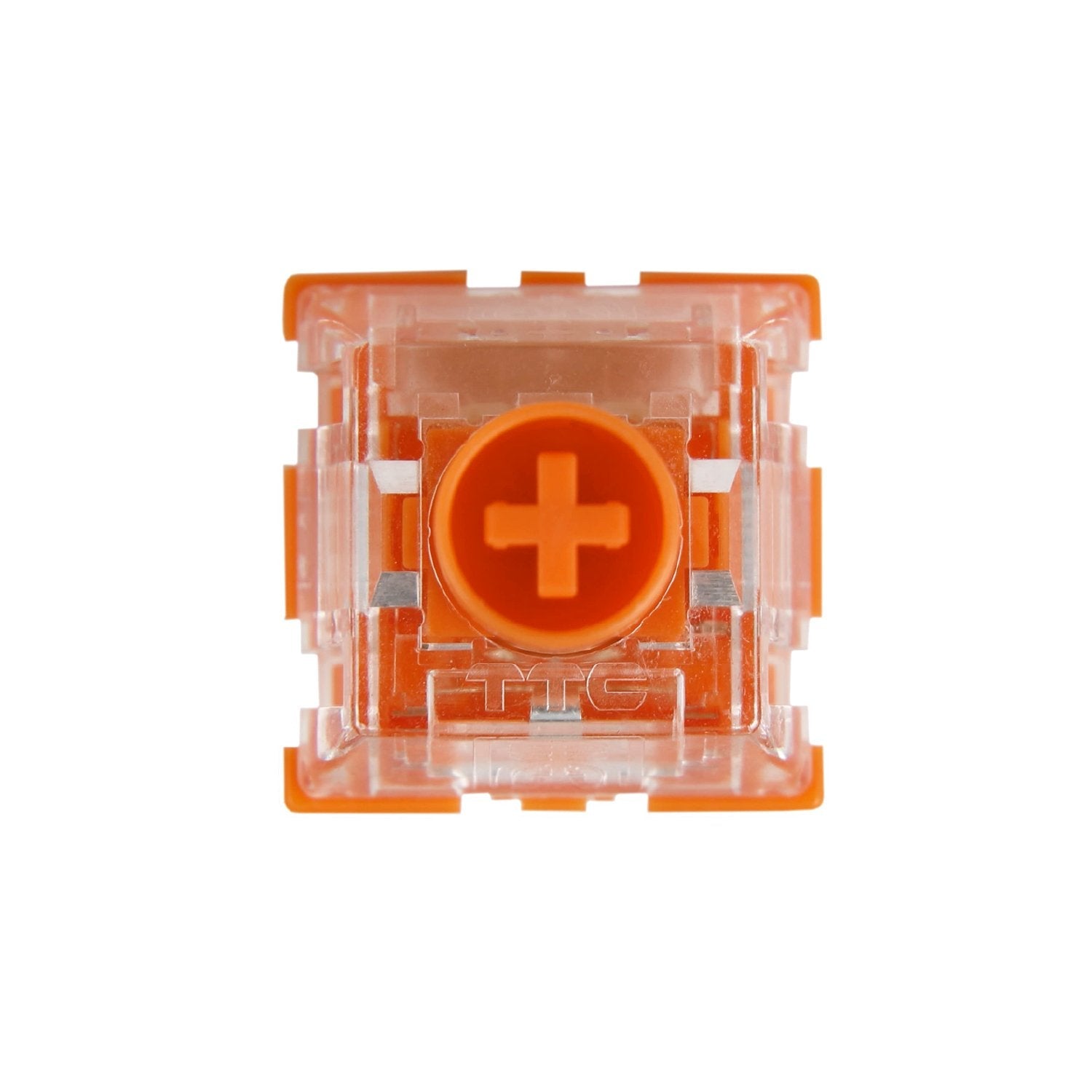Front view of orange RGB mechanical keyboard switch with cross-shaped contact