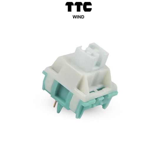 Wind switch, white housing with teal button and two metal pins