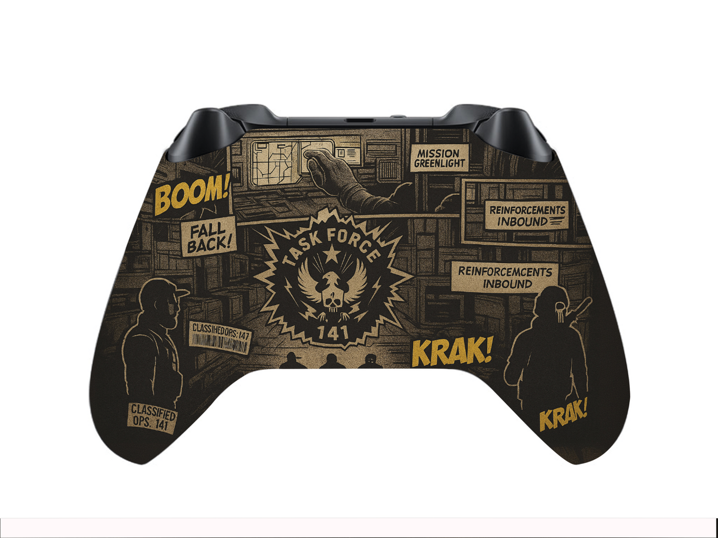 Xbox Series X/S controller back skin in black and beige with mission comic panels