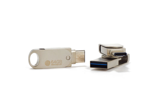 Beige 64GB USB 3.1 flash drive shown with USB plug exposed and cap removed