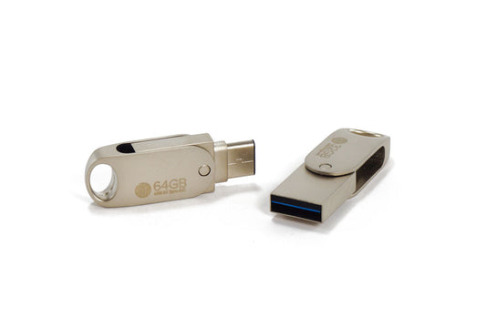 Beige 64GB USB 3.1 flash drive with metal connector and key ring loop