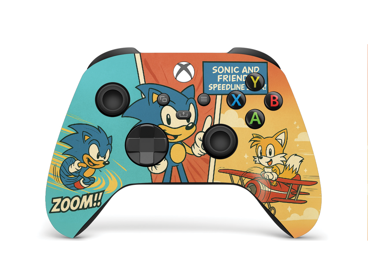 Xbox Series X/S controller with turquoise and orange comic panel print and thumbsticks