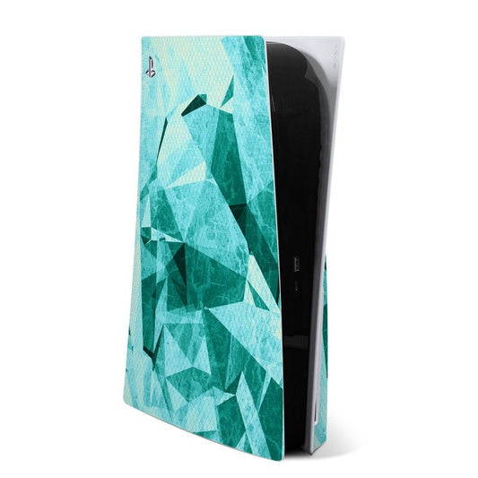 PS5 console skin with turquoise and green geometric pattern