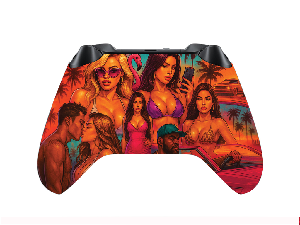Xbox Series X/S controller front shell with red-orange illustrated women and palm trees