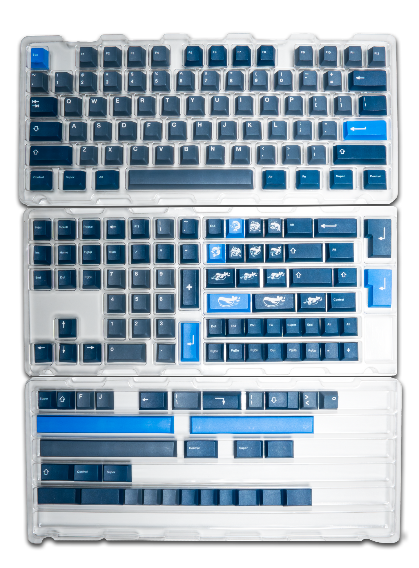 Blue and white keycap set with transparent cover, whale icons on selected keys